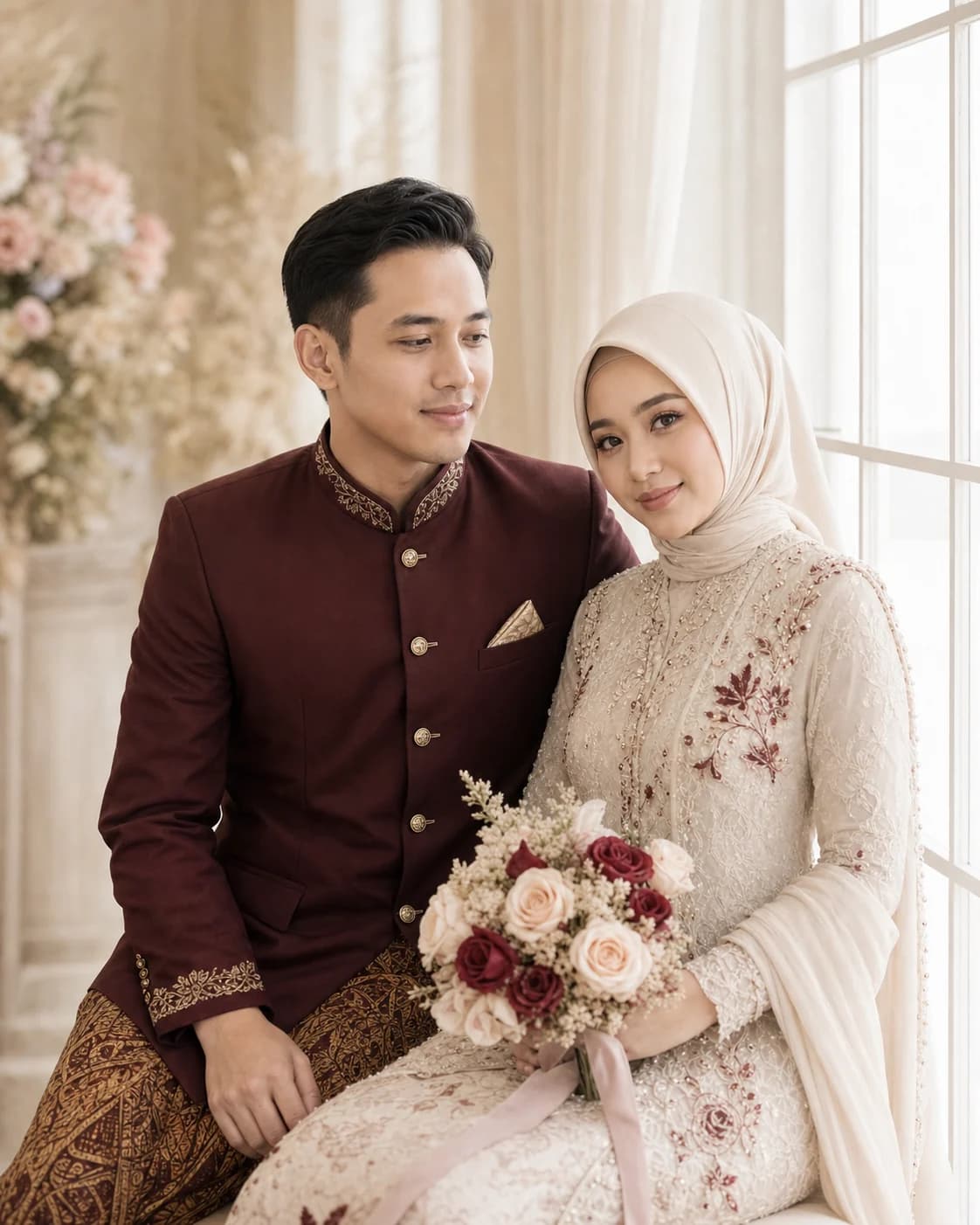 Rizki dan Ayu bersama buket bunga