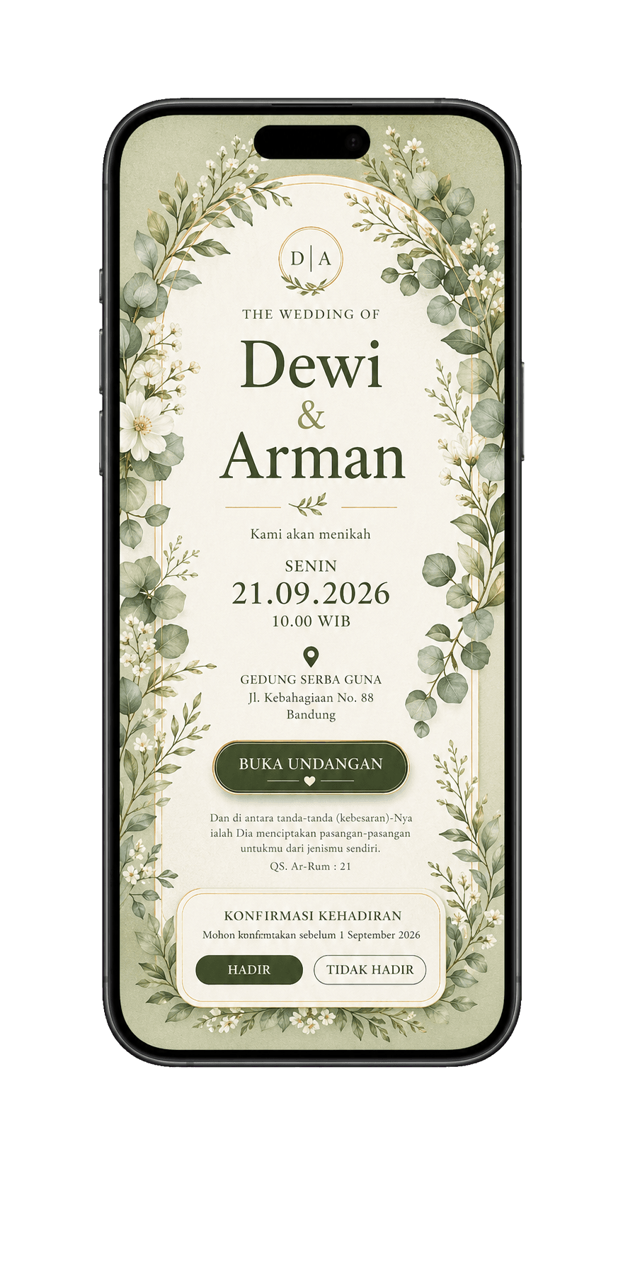 Template undangan digital Garden Sage dalam mockup handphone