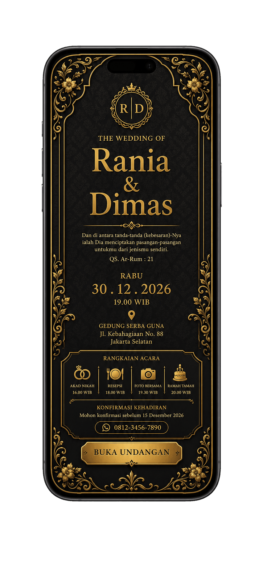 Template undangan digital Gold Premium dalam mockup handphone