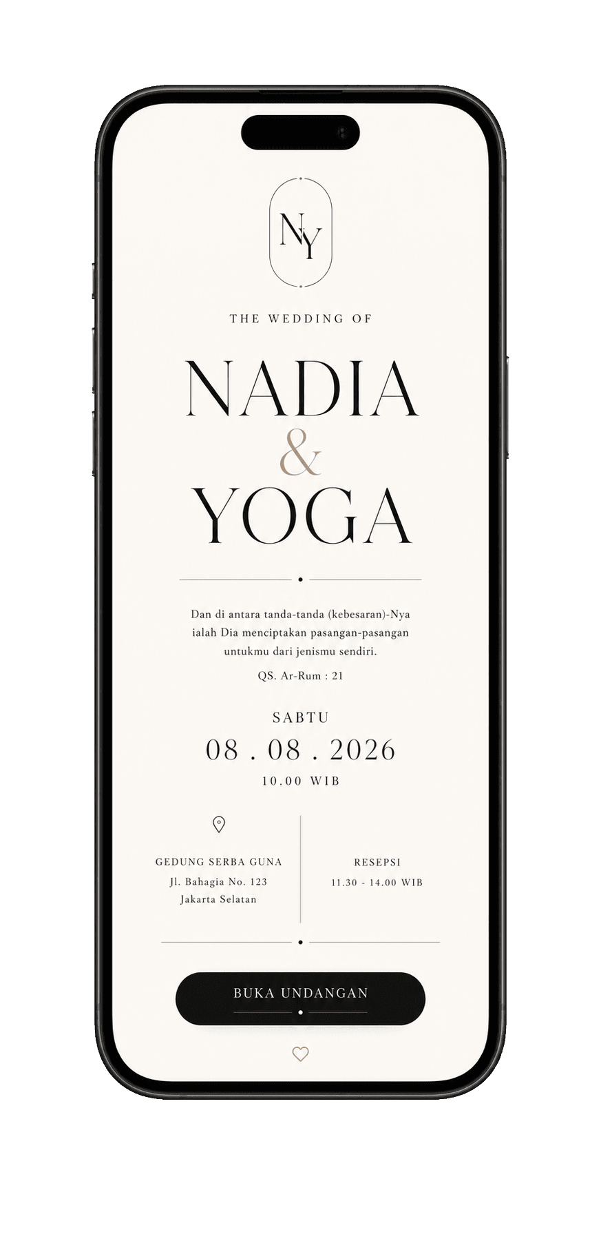 Template undangan digital Modern Minimal dalam mockup handphone