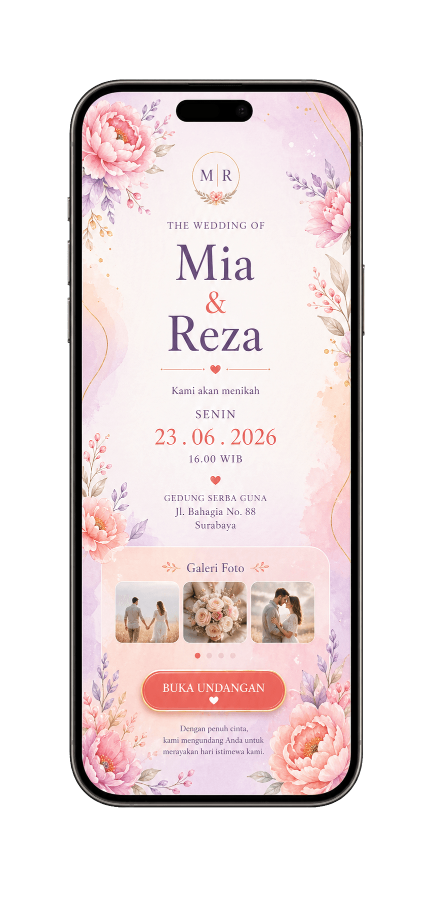 Template undangan digital Pastel Floral dalam mockup handphone